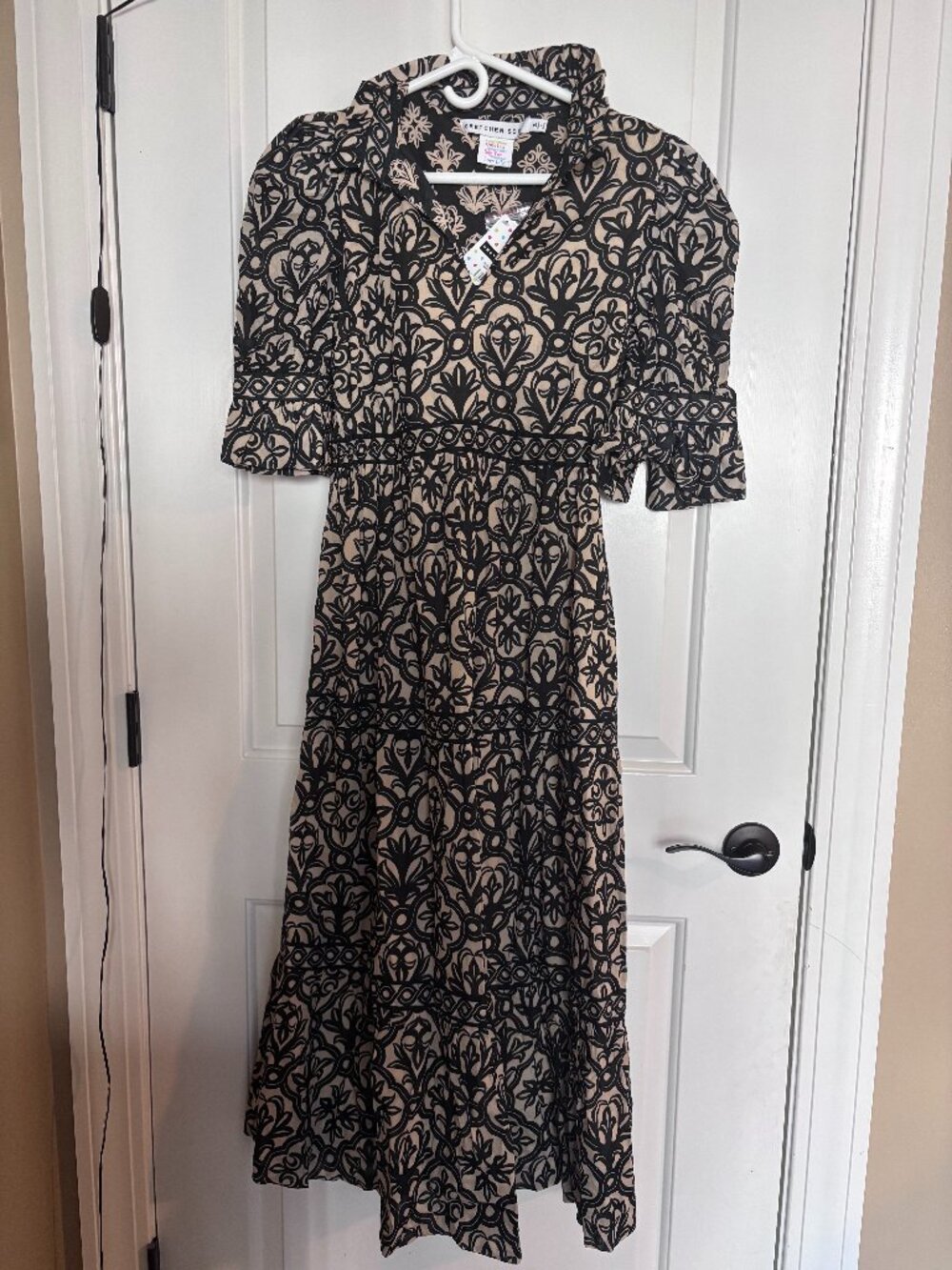 NWT Gretchen Scott Women's Size Small Black/Champagne Teardrop Midi Dress